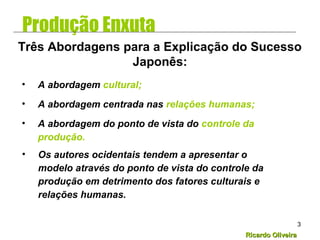 Ricardo OliveiraRicardo Oliveira
3
Produção Enxuta
• A abordagem cultural;
• A abordagem centrada nas relações humanas;
• A abordagem do ponto de vista do controle da
produção.
Três Abordagens para a Explicação do Sucesso
Japonês:
• Os autores ocidentais tendem a apresentar o
modelo através do ponto de vista do controle da
produção em detrimento dos fatores culturais e
relações humanas.
 