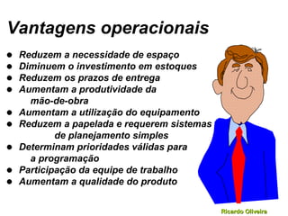 Ricardo OliveiraRicardo Oliveira
Vantagens operacionais
• Reduzem a necessidade de espaço
• Diminuem o investimento em estoques
• Reduzem os prazos de entrega
• Aumentam a produtividade da
mão-de-obra
• Aumentam a utilização do equipamento
• Reduzem a papelada e requerem sistemas
de planejamento simples
• Determinam prioridades válidas para
a programação
• Participação da equipe de trabalho
• Aumentam a qualidade do produto
 