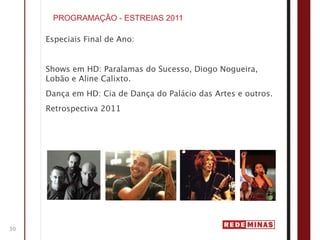 PROGRAMAÇÃO - ESTREIAS 2011

     Especiais Final de Ano:


     Shows em HD: Paralamas do Sucesso, Diogo Nogueira,
     Lobão e Aline Calixto.
     Dança em HD: Cia de Dança do Palácio das Artes e outros.
     Retrospectiva 2011




30
 