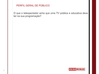 PERFIL GERAL DE PÚBLICO


    O que o telespectador acha que uma TV pública e educativa deve
    ter na sua programação?




7
 