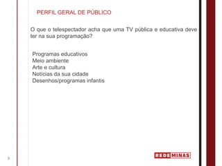 PERFIL GERAL DE PÚBLICO


    O que o telespectador acha que uma TV pública e educativa deve
    ter na sua programação?


    Programas educativos
    Meio ambiente
    Arte e cultura
    Notícias da sua cidade
    Desenhos/programas infantis




8
 