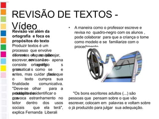 REVISÃO DE TEXTOS -
Vídeo • A maneira como o professor escreve e
revisa no quadro-negro com os alunos ,
pode colaborar para que a criança o tome
como modelo e se familiarize com o
procedimento.
"Os bons escritores adultos (...) são
pessoas que pensam sobre o que vão
escrever, colocam em palavras e voltam sobre
o já produzido para julgar sua adequação.
Revisão vai além da
ortografia e foca os
propósitos do texto
Produzir textos é um
processo que envolve
diferentes etapas: planejar,
escrever, revisar e re-
A revisão
não
em
corrigi
r
escreve
r.
consiste
erros
ortográfico
s
apena
s
e
gramaticai
s,
como se
fazia
antes, mas cuidar para que
o texto cumpra sua
finalidade comunicativa.
"Deve-se olhar para a
produção dos
estudantes e identificar o
que
provoca estranhamento no
leitor dentro dos usos
sociais que ela terá",
explica Fernanda Liberali
 