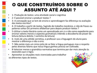 O QUE CONSTRUÍMOS SOBRE O 
ASSUNTO ATÉ AQUI ? 
• 1- Produção de textos: uma atividade social e cognitiva 
• 2- É possível ensinar a produzir textos ? 
• 3- A concepção que se tem de ensino e aprendizagem faz diferença na avaliação 
dos textos escritos? 
• 4- O trabalho a partir de textos, fugindo do trabalho mecânico, e não de frases ou 
palavras soltas OU primeiro alfabetizar para depois produzir textos ? 
• 5-Utilizar o texto literário como um aprendizado em si e não como expediente para 
ensinar valores morais e aspectos gramaticais inibindo a descoberta do prazer da 
leitura.(leitura deleite / cantinho da leitura) 
• 6- Invés de uma atitide corretiva, o professor usa a linguagem do aluno para 
mostrar a diferença e não o erro. 
• 7- Não existe mais um único jeito de se falar a língua portugues mas o respeito 
pelos diversos falares que nossa língua ganhou precisa ser cultivado. 
• 8-Valorizar menos a gramática normativa que termina por dar mais atenção às 
excessões que à regra. 
• Aproveitar as situações reais vivenciadas para trabalhar 
os diferentes tipos de textos. 
 