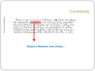 DesenvolvimentoAspeto positivo:Exemplo Aspeto a melhorar:Exemplo …Um grupo de amigos apaixonados pela literatura, seguramente, terão conversas  mais interessantes,  mais inspiradoras e menos monótonas,   do que  um grupo de amigos que ainda não descobriu as possibilidades da leitura.Por ser uma … Excelente: recupera a frase de Manuel António PinaExcelente: a citação de M.A.P.