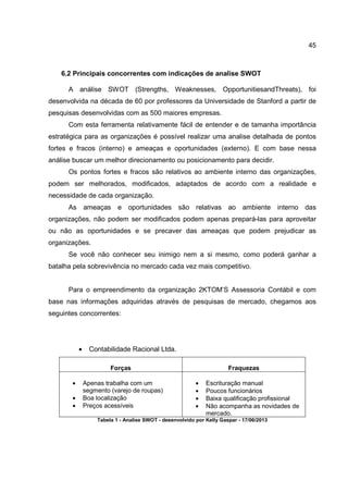 45
6.2 Principais concorrentes com indicações de analise SWOT
A análise SWOT (Strengths, Weaknesses, OpportunitiesandThreats), foi
desenvolvida na década de 60 por professores da Universidade de Stanford a partir de
pesquisas desenvolvidas com as 500 maiores empresas.
Com esta ferramenta relativamente fácil de entender e de tamanha importância
estratégica para as organizações é possível realizar uma analise detalhada de pontos
fortes e fracos (interno) e ameaças e oportunidades (externo). E com base nessa
análise buscar um melhor direcionamento ou posicionamento para decidir.
Os pontos fortes e fracos são relativos ao ambiente interno das organizações,
podem ser melhorados, modificados, adaptados de acordo com a realidade e
necessidade de cada organização.
As ameaças e oportunidades são relativas ao ambiente interno das
organizações, não podem ser modificados podem apenas prepará-las para aproveitar
ou não as oportunidades e se precaver das ameaças que podem prejudicar as
organizações.
Se você não conhecer seu inimigo nem a si mesmo, como poderá ganhar a
batalha pela sobrevivência no mercado cada vez mais competitivo.
Para o empreendimento da organização 2KTOM’S Assessoria Contábil e com
base nas informações adquiridas através de pesquisas de mercado, chegamos aos
seguintes concorrentes:
• Contabilidade Racional Ltda.
Forças Fraquezas
• Apenas trabalha com um
segmento (varejo de roupas)
• Boa localização
• Preços acessíveis
• Escrituração manual
• Poucos funcionários
• Baixa qualificação profissional
• Não acompanha as novidades de
mercado.
Tabela 1 - Analise SWOT - desenvolvido por Kelly Gaspar - 17/06/2013
 