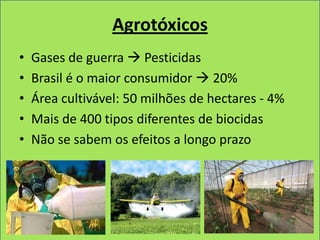 Agrotóxicos
•   Gases de guerra  Pesticidas
•   Brasil é o maior consumidor  20%
•   Área cultivável: 50 milhões de hectares - 4%
•   Mais de 400 tipos diferentes de biocidas
•   Não se sabem os efeitos a longo prazo
 