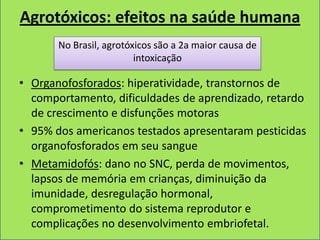 Agrotóxicos: efeitos na saúde humana
       No Brasil, agrotóxicos são a 2a maior causa de
                         intoxicação

• Organofosforados: hiperatividade, transtornos de
  comportamento, dificuldades de aprendizado, retardo
  de crescimento e disfunções motoras
• 95% dos americanos testados apresentaram pesticidas
  organofosforados em seu sangue
• Metamidofós: dano no SNC, perda de movimentos,
  lapsos de memória em crianças, diminuição da
  imunidade, desregulação hormonal,
  comprometimento do sistema reprodutor e
  complicações no desenvolvimento embriofetal.
 
