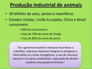 Produção industrial de animais
• 30 bilhões de aves, peixes e mamíferos
• Estados Unidos, União Européia, China e Brasil
  consomem:
         – 60% da carne bovina
         – mais de 70% da carne de frango
         – mais de 80% da carne de porco

       “Se o governo brasileiro retirasse incentivos e
    subsídios, cobrasse impostos integrais e obrigasse a
    internalizar os custos energéticos, o uso de recursos
    naturais e os danos ambientais, cada quilo de alcatra
               custaria uma pequena fortuna.”
 