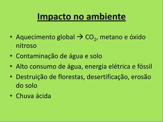 Impacto no ambiente
• Aquecimento global  CO2, metano e óxido
  nitroso
• Contaminação de água e solo
• Alto consumo de água, energia elétrica e fóssil
• Destruição de florestas, desertificação, erosão
  do solo
• Chuva ácida
 