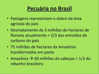 Pecuária no Brasil
• Pastagens representam o dobro da área
  agrícola do país
• Desmatamento de 3 milhões de hectares de
  floresta anualmente = 2/3 das emissões de
  carbono do país
• 75 milhões de hectares da Amazônia
  transformados em pasto
• Amazônia  60 milhões de cabeças = 1/3 do
  rebanho brasileiro
 