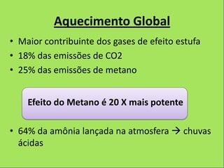 Aquecimento Global
• Maior contribuinte dos gases de efeito estufa
• 18% das emissões de CO2
• 25% das emissões de metano


    Efeito do Metano é 20 X mais potente

• 64% da amônia lançada na atmosfera  chuvas
  ácidas
 
