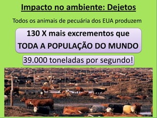Impacto no ambiente: Dejetos
Todos os animais de pecuária dos EUA produzem

   130 X mais excrementos que
 TODA A POPULAÇÃO DO MUNDO
   39.000 toneladas por segundo!
 