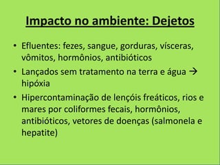 Impacto no ambiente: Dejetos
• Efluentes: fezes, sangue, gorduras, vísceras,
  vômitos, hormônios, antibióticos
• Lançados sem tratamento na terra e água 
  hipóxia
• Hipercontaminação de lençóis freáticos, rios e
  mares por coliformes fecais, hormônios,
  antibióticos, vetores de doenças (salmonela e
  hepatite)
 