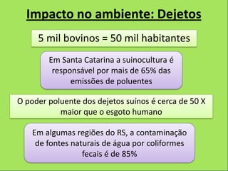 Impacto no ambiente: Dejetos
     5 mil bovinos = 50 mil habitantes
        Em Santa Catarina a suinocultura é
         responsável por mais de 65% das
              emissões de poluentes

O poder poluente dos dejetos suínos é cerca de 50 X
           maior que o esgoto humano

    Em algumas regiões do RS, a contaminação
     de fontes naturais de água por coliformes
                  fecais é de 85%
 