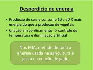 Desperdício de energia
• Produção de carne consome 10 a 20 X mais
  energia do que a produção de vegetais
• Criação em confinamento  controle de
  temperatura e iluminação artificial

       Nos EUA, metade de toda a
      energia usada na agricultura é
        gasta na criação de gado
 