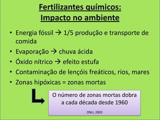 Fertilizantes químicos:
          Impacto no ambiente
• Energia fóssil  1/5 produção e transporte de
  comida
• Evaporação  chuva ácida
• Óxido nítrico  efeito estufa
• Contaminação de lençóis freáticos, rios, mares
• Zonas hipóxicas = zonas mortas
              O número de zonas mortas dobra
                 a cada década desde 1960
                          ONU, 2003
 