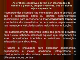 As práticas educativas devem ser organizadas deAs práticas educativas devem ser organizadas de
maneira a garantir, progressivamente, que os alunosmaneira a garantir, progressivamente, que os alunos
sejam capazes de:sejam capazes de:
• compreender o sentido nas mensagens orais e escritas de
que é destinatário direto ou indireto, desenvolvendo
sensibilidade para reconhecer a intencionalidade implícita
e conteúdos discriminatórios ou persuasivos, especialmente
nas mensagens veiculadas pelos meios de comunicação;
• ler autonomamente diferentes textos dos gêneros previstos
para o ciclo, sabendo identificar aqueles que respondem às
suas necessidades imediatas e selecionar estratégias
adequadas para abordá-los;
• utilizar a linguagem para expressar sentimentos,
experiências e idéias, acolhendo, interpretando e
considerando os das outras pessoas e respeitando os
diferentes modos de falar;
 