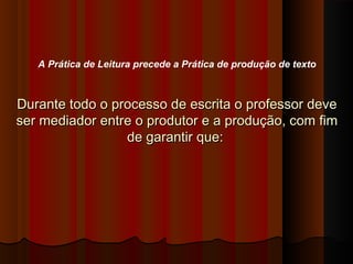 A Prática de Leitura precede a Prática de produção de texto
Durante todo o processo de escrita o professor deveDurante todo o processo de escrita o professor deve
ser mediador entre o produtor e a produção, com fimser mediador entre o produtor e a produção, com fim
de garantir que:de garantir que:
 