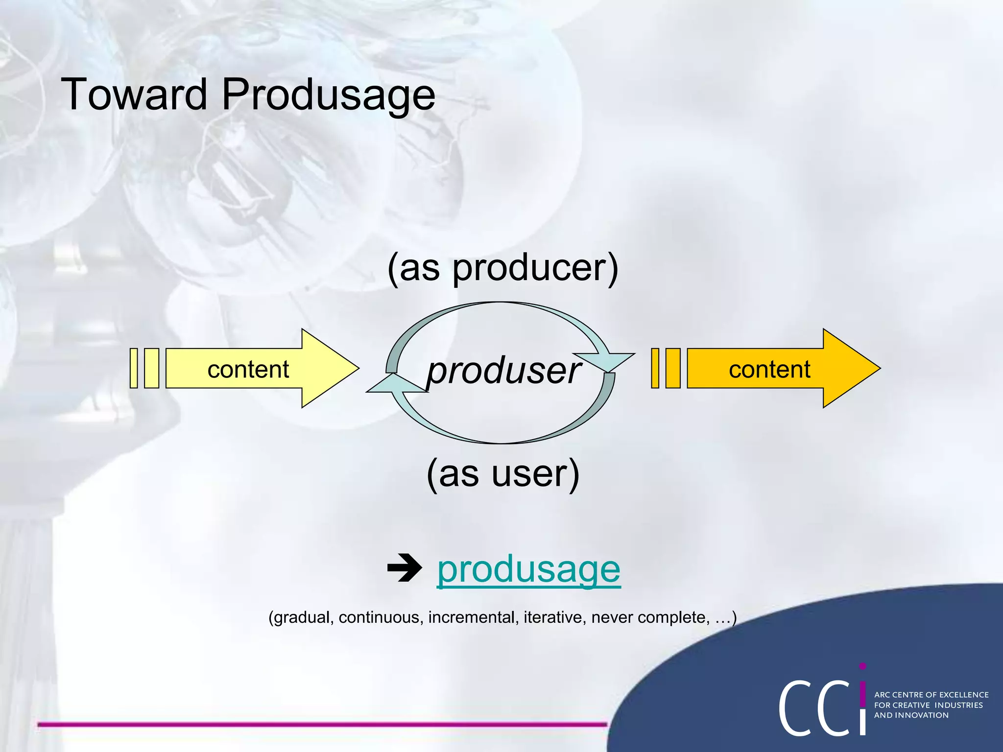 Toward Produsage
(as producer)
produser
(as user)
 produsage
(gradual, continuous, incremental, iterative, never complete, …)
content content
 