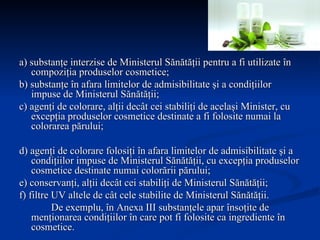 a) substanţe interzise de Ministerul Sănătăţii pentru a fi utilizate în compoziţia produselor cosmetice; b) substanţe în afara limitelor de admisibilitate şi a condiţiilor impuse de Ministerul Sănătăţii; c) agenţi de colorare, alţii decât cei stabiliţi de acelaşi Minister, cu excepţia produselor cosmetice destinate a fi folosite numai la colorarea părului; d) agenţi de colorare folosiţi în afara limitelor de admisibilitate şi a condiţiilor impuse de Ministerul Sănătăţii, cu excepţia produselor cosmetice destinate numai colorării părului; e) conservanţi, alţii decât cei stabiliţi de Ministerul Sănătăţii; f) filtre UV altele de cât cele stabilite de Ministerul Sănătăţii. De exemplu, în Anexa III substanţele apar însoţite de menţionarea condiţiilor în care pot fi folosite ca ingrediente în cosmetice.  