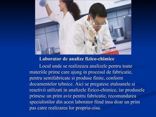 Laborator de analize fizico-chimice Locul unde se realizeaza analizele pentru toate materiile prime care ajung in procesul de fabricatie, pentru semifabricate si produse finite, conform documentelor tehnice. Aici se pregatesc etaloanele si reactivii utilizati in analizele fizico-chimice, iar produsele primesc un prim aviz pentru fabricatie, recomandarea specialistilor din acest laborator fiind insa doar un prim pas catre realizarea lor propriu-zisa.  