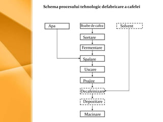Schema procesului tehnologic defabricare a cafelei



  Apa              Boabe de cafea      Solvent

                    Sortare

                   Fermentare

                    Spalare

                     Uscare

                    Prajire

                   Decafeinizare

                    Depozitare


                     Macinare
 