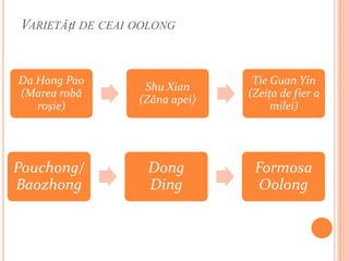 VARIETĂțI DE CEAI OOLONG


Da Hong Pao                      Tie Guan Yin
                   Shu Xian
(Marea robă                     (Zeița de fier a
                  (Zâna apei)
   roșie)                            milei)




Pouchong/          Dong          Formosa
Baozhong           Ding           Oolong
 