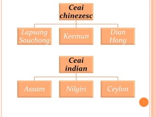 Ceai
           chinezesc

 Lapsang               Dian
            Keemun
Souchong               Hong

             Ceai
            indian

 Assam      Nilgiri    Ceylon
 