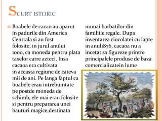 S     CURT ISTORIC

   Boabele de cacao au aparut       numai barbatilor din
    in padurile din America          familiile regale. Dupa
    Centrala si au fost              inventarea ciocolatei cu lapte
    folosite, in jurul anului        in anul1876, cacaoa nu a
    1000, ca moneda pentru plata     incetat sa figureze printre
    taxelor catre azteci. Insa       principalele produse de baza
    cacaoa era cultivata             comercializatein lume
    in aceasta regiune de cateva
    mii de ani. Pe langa faptul ca
    boabele erau intrebuintate
    pe postde moneda de
    schimb, ele mai erau folosite
    si pentru prepararea unei
    bauturi magice,destinata
 