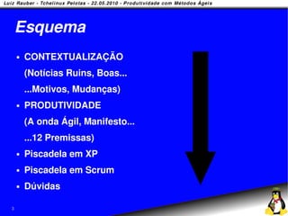 Esquema
       CONTEXTUALIZAÇÃO
        (Notícias Ruins, Boas...
        ...Motivos, Mudanças)
       PRODUTIVIDADE
        (A onda Ágil, Manifesto...
        ...12 Premissas)
       Piscadela em XP
       Piscadela em Scrum
       Dúvidas

3
 