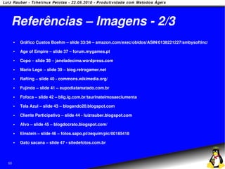 Referências – Imagens - 2/3
        Gráfico Custos Boehm – slide 33/34 – amazon.com/exec/obidos/ASIN/0138221227/ambysoftinc/
        Age of Empire – slide 37 – forum.mygames.pt
        Copo – slide 38 – janeladecima.wordpress.com
        Mario Lego – slide 39 – blog.retrogamer.net
        Rafting – slide 40 - commons.wikimedia.org/
        Fujindo – slide 41 – eupodiatamatado.com.br
        Fofoca – slide 42 – blig.ig.com.br/taurinateimosaeciumenta
        Tela Azul – slide 43 – blogando20.blogspot.com
        Cliente Participativo – slide 44 - luizrauber.blogspot.com
        Alvo – slide 45 – blogdocrato.blogspot.com/
        Einstein – slide 46 – fotos.sapo.pt/zequim/pic/00185418
        Gato sacana – slide 47 - sitedefotos.com.br



68
 