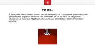 Por que...
É tentador ter todo o trabalho exposto para ser visto por todos. O problema é que quando o belo
plano cheio de diagramas se depara com a realidade, ele cai por terra. Ele não permite
atualizações e mudanças. Algo totalmente natural para a realidade do desenvolvimento de
projetos.
 