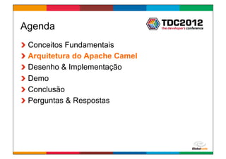 Agenda
!     Conceitos Fundamentais
!     Arquitetura do Apache Camel
!     Desenho & Implementação
!     Demo
!     Conclusão
!     Perguntas & Respostas




                                    Globalcode	
  –	
  Open4education
 