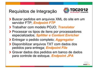 Requisitos de Integração
!   Buscar pedidos em arquivos XML do site em um
    servidor FTP; Endpoint FTP
!   Trabalhar com modelo POJO; Translator
!   Processar os tipos de itens por processadores
    especializados; Splitter e Content Enricher
!   Entregar o pedido completo; Aggregator
!   Disponibilizar arquivos TXT com dados dos
    pedidos para entrega; Endpoint File
!   Gravar dados dos pedidos em banco de dados
    para controle de estoque. Endpoint JPA

                                       Globalcode	
  –	
  Open4education
 