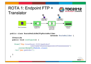 ROTA 1: Endpoint FTP +
Translator
                                            <<Message>>                    <<Message>>
                                             Pedido XML                    Pedido POJO




                             <<Endpoint>>                 <<Translator>>                 <<Channel>>
           Site E-Commerce
                              Pedido FTP                    Pedido XML                     Pedidos
                                                            para POJO



public class BuscaPedidoXmlFtpRouteBuilder
                                     extends RouteBuilder {
  @Override
  public void configure() {

        from("ftp:localhost:2121/pedidos?
                       username=xxxxxxx&password=xxxxxxxxxx")
           .convertBodyTo(Pedido.class)
        .to("jms:pedidos");

    }
}

                                                                                         Globalcode	
  –	
  Open4education
 