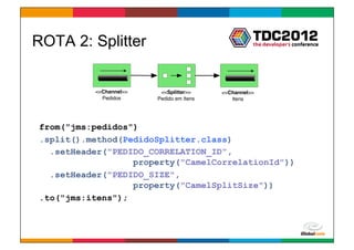 ROTA 2: Splitter


          <<Channel>>    <<Splitter>>     <<Channel>>
            Pedidos     Pedido em Itens      Itens




from("jms:pedidos")
.split().method(PedidoSplitter.class)
  .setHeader("PEDIDO_CORRELATION_ID",
                  property("CamelCorrelationId"))
  .setHeader("PEDIDO_SIZE",
                  property("CamelSplitSize"))
.to("jms:itens");



                                                    Globalcode	
  –	
  Open4education
 