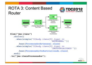 ROTA 3: Content Based
Router
                                                  <<Content Enricher>>
                                                        Produtos
                                                       Artesanais

                                                                         <<Channel>>
         <<Channel>>   <<Content Based Router>>                              Itens
            Itens            Tipo do Item                                Processados


                                                  <<Content Enricher>>
                                                        Produtos
from("jms:itens")                                    Industrializados

  .choice()
    .when(simple("${body.itens[0].tipo} ==
                                'ARTESANAL'"))
      .bean(ProcessadorArtesanal.class)
    .when(simple("${body.itens[0].tipo} ==
                                'INDUSTRIALIZADO'"))
      .bean(ProcessadorIndustrializado.class)
  .end()
.to("jms:itensProcessados");

                                                                          Globalcode	
  –	
  Open4education
 