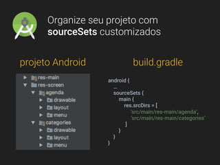 Organize seu projeto com
sourceSets customizados
build.gradleprojeto Android
android {
…
sourceSets {
main {
res.srcDirs = [
‘src/main/res-main/agenda’,
‘src/main/res-main/categories’
]
}
}
}
 