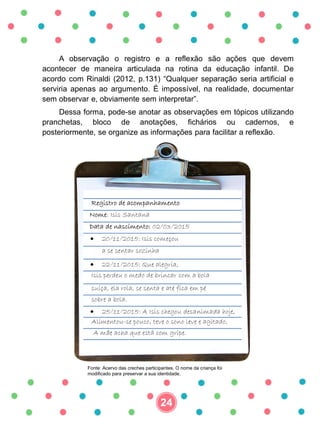 A observação o registro e a reflexão são ações que devem
acontecer de maneira articulada na rotina da educação infantil. De
acordo com Rinaldi (2012, p.131) “Qualquer separação seria artificial e
serviria apenas ao argumento. É impossível, na realidade, documentar
sem observar e, obviamente sem interpretar”.
Dessa forma, pode-se anotar as observações em tópicos utilizando
pranchetas, bloco de anotações, fichários ou cadernos, e
posteriormente, se organize as informações para facilitar a reflexão.
Fonte: Acervo das creches participantes. O nome da criança foi
modificado para preservar a sua identidade.
Registro de acompanhamento
Nome: Isis Santana
Data de nascimento: 02/03/2015
 20/11/2015: Isis começou
a se sentar sozinha
 22/11/2015: Que alegria,
Isis perdeu o medo de brincar com a bola
suíça, ela rola, se senta e até fica em pé
sobre a bola.
 25/11/2015: A Isis chegou desanimada hoje,
Alimentou-se pouco, teve o sono leve e agitado,
A mãe acha que está com gripe.
24
 