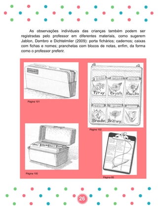 As observações individuais das crianças também podem ser
registradas pelo professor em diferentes materiais, como sugerem
Jablon, Dombro e Dichtelmiler (2009): porta fichários; cadernos; caixas
com fichas e nomes; pranchetas com blocos de notas, enfim, da forma
como o professor preferir.
26
Página 102
Página 100
Página 101
Página 85
 