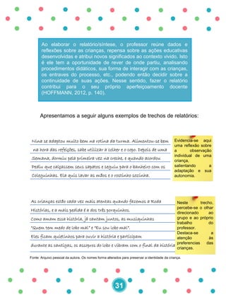 Ao elaborar o relatório/síntese, o professor reúne dados e
reflexões sobre as crianças, repensa sobre as ações educativas
desenvolvidas e atribui novos significados ao contexto vivido. Isto
é ele tem a oportunidade de rever de onde partiu, analisando
procedimentos didáticos, sua forma de interagir com as crianças,
os entraves do processo, etc., podendo então decidir sobre a
continuidade de suas ações. Nesse sentido, fazer o relatório
contribui para o seu próprio aperfeiçoamento docente
(HOFFMANN, 2012, p. 140).
Apresentamos a seguir alguns exemplos de trechos de relatórios:
31
Nina se adaptou muito bem na rotina da turma. Alimentou-se bem
na hora das refeições, sabe utilizar a colher e o copo. Depois de uma
Semana, dormiu pela primeira vez na creche, e quando acordou
Pediu que calçassem seus sapatos e seguiu para o banheiro com os
Coleguinhas. Ela quis lavar as mãos e o rostinho sozinha.
Evidencia-se aqui
uma reflexão sobre
a observação
individual de uma
criança,
salientando a
adaptação e sua
autonomia.
Fonte: Arquivo pessoal da autora. Os nomes forma alterados para preservar a identidade da criança.
As crianças estão cada vez mais atentas quando fazemos a Roda
Histórias, e a mais pedida é a dos três porquinhos.
Como amam essa história, já cantam juntos, as musiquinhas
“Quem tem medo de lobo mal” e “Eu sou lobo mal”.
Eles ficam quietinhos para ouvir a história e participam
durante as cantigas, os assopros do lobo e vibram com o final da história.
Neste trecho,
percebe-se o olhar
direcionado ao
grupo e ao próprio
trabalho do
professor.
Destaca-se a
atenção às
preferencias das
crianças.
 