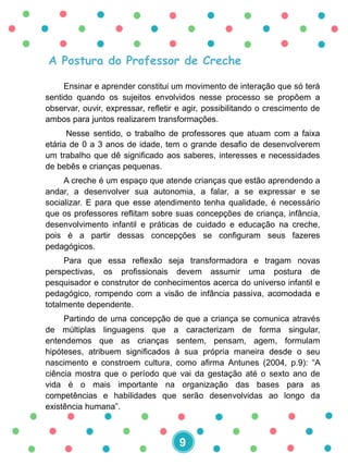 A Postura do Professor de Creche
Ensinar e aprender constitui um movimento de interação que só terá
sentido quando os sujeitos envolvidos nesse processo se propõem a
observar, ouvir, expressar, refletir e agir, possibilitando o crescimento de
ambos para juntos realizarem transformações.
Nesse sentido, o trabalho de professores que atuam com a faixa
etária de 0 a 3 anos de idade, tem o grande desafio de desenvolverem
um trabalho que dê significado aos saberes, interesses e necessidades
de bebês e crianças pequenas.
A creche é um espaço que atende crianças que estão aprendendo a
andar, a desenvolver sua autonomia, a falar, a se expressar e se
socializar. E para que esse atendimento tenha qualidade, é necessário
que os professores reflitam sobre suas concepções de criança, infância,
desenvolvimento infantil e práticas de cuidado e educação na creche,
pois é a partir dessas concepções se configuram seus fazeres
pedagógicos.
Para que essa reflexão seja transformadora e tragam novas
perspectivas, os profissionais devem assumir uma postura de
pesquisador e construtor de conhecimentos acerca do universo infantil e
pedagógico, rompendo com a visão de infância passiva, acomodada e
totalmente dependente.
Partindo de uma concepção de que a criança se comunica através
de múltiplas linguagens que a caracterizam de forma singular,
entendemos que as crianças sentem, pensam, agem, formulam
hipóteses, atribuem significados à sua própria maneira desde o seu
nascimento e constroem cultura, como afirma Antunes (2004, p.9): “A
ciência mostra que o período que vai da gestação até o sexto ano de
vida é o mais importante na organização das bases para as
competências e habilidades que serão desenvolvidas ao longo da
existência humana”.
9
 