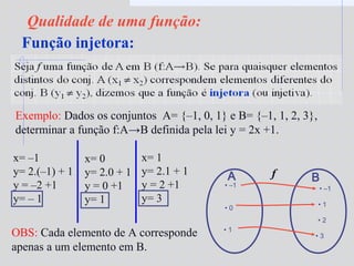 Qualidade de uma função:
Função injetora:
Exemplo: Dados os conjuntos A= {–1, 0, 1} e B= {–1, 1, 2, 3},
determinar a função f:A→B definida pela lei y = 2x +1.
• –1
• 0
• 1
A B
• –1
• 1
• 2
f
• 3
x= –1
y= 2.(–1) + 1
y = –2 +1
y= – 1
x= 0
y= 2.0 + 1
y = 0 +1
y= 1
x= 1
y= 2.1 + 1
y = 2 +1
y= 3
OBS: Cada elemento de A corresponde
apenas a um elemento em B.
 