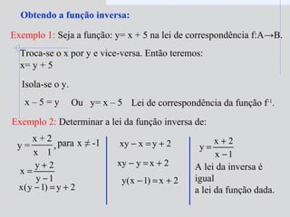 Obtendo a função inversa:
Exemplo 1: Seja a função: y= x + 5 na lei de correspondência f:A→B.
Troca-se o x por y e vice-versa. Então teremos:
x= y + 5
Isola-se o y.
x – 5 = y Ou y= x – 5 Lei de correspondência da função f-1
.
Exemplo 2: Determinar a lei da função inversa de:
,
1x
2+x
=y
1y
2y
x
−
+
=
2y)1y(x +=−
2yxxy +=−
2xyxy +=−
2x)1x(y +=−
1x
2x
y
−
+
=
A lei da inversa é
igual
a lei da função dada.
-1≠xpara
 