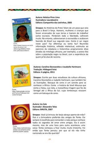 39
Autora: Heloísa Pires Lima
Ilustradora: Laurabeatriz
Editora: Companhia das Letrinhas, 2005
Sinopse: As Histórias da Preta' falam de um povo que veio
para o Brasil à força. Homens, mulheres e crianças que
foram arrancados de suas terras e tiveram de trabalhar
como escravos. Perderam toda a liberdade, sofreram
muito. No entanto, sobreviveram à escravidão e acabaram
fazendo do Brasil sua segunda casa. Como é ser negro
neste país? Faz diferença ou tanto faz? Reunindo
informação histórica, reflexão intelectual, estímulos ao
exercício da cidadania e historinhas propriamente ditas
(tiradas da mitologia africana, por exemplo), a autora fala
sobre a população negra no Brasil, com a experiência de
quem já foi alvo de racismo.
Fonte:
https://www.travessa.com.br/hi
storias-da-preta-2-ed-
2005/artigo/8989fac9-f059-
47fe-ae9d-6dee14784377
Autoras: Caroline Desnoesttes e Iasabelle Hartmann
Tradução: Hildegard Feist
Editora: A página, 2011
Sinopse: Escrito por duas estudiosas da cultura africana,
Caroline Desnöettes e Isabelle Hartmann, que também fez
as ilustrações. Batuque de cores é um convite para se
conhecer a África. Conta a história de Vovô Moussa que
conta a Fatou, sua neta, a maravilhosa Viagem que fez do
Senegal até a África do Sul, cujas lembranças ressoam
como um batuque de cores.
Autora: Lia Zatz
Ilustrador: Alexandre Teles
Editora: BIRUTA, 2007
Sinopse: Você já brincou de beijo-abraço-aperto-de-mão?
Pois é a brincadeira preferida dos amigos de Tenka. Ela
sempre é escolhida para comandar a roda porque conhece
todos os segredos de amor entre amigos. Ela é assim
mesmo, mas de uma hora para outra aconteceu uma
coisa: Tenka começou a ficar muito, muito tristonha. Foi
então que Tenka pensou: por que só ela não tinha
namorado se era tão querida?
Fonte:
https://www.google.com/se
arch?q=livro+batuque+de+
cores+sinopse
Fonte:
https://www.martinsfontesp
aulista.com.br/tenka-preta-
pretinha-222041.aspx/p
 