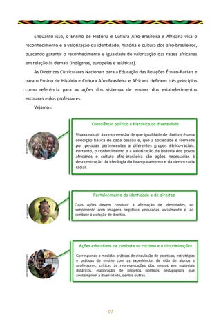 Enquanto isso, o Ensino de História e Cultura Afro-Brasileira e Africana visa o
reconhecimento e a valorização da identidade, história e cultura dos afro-brasileiros,
buscando garantir o reconhecimento e igualdade de valorização das raízes africanas
em relação às demais (indígenas, europeias e asiáticas).
As Diretrizes Curriculares Nacionais para a Educação das Relações Étnico-Raciais e
para o Ensino de História e Cultura Afro-Brasileira e Africana definem três princípios
como referência para as ações dos sistemas de ensino, dos estabelecimentos
escolares e dos professores.
Vejamos:
07
Consciência política e histórica da diversidade
Visa conduzir à compreensão de que igualdade de direitos é uma
condição básica de cada pessoa e, que a sociedade é formada
por pessoas pertencentes a diferentes grupos étnico-raciais.
Portanto, o conhecimento e a valorização da história dos povos
africanos e cultura afro-brasileira são ações necessárias à
desconstrução da ideologia do branqueamento e da democracia
racial.
Fortalecimento da identidade e de direitos
Cujas ações devem conduzir à afirmação de identidades, ao
rompimento com imagens negativas veiculadas socialmente e, ao
combate à violação de direitos.
Ações educativas de combate ao racismo e a discriminações
Corresponde a medidas práticas de vinculação de objetivos, estratégias
e práticas de ensino com as experiências de vida de alunos e
professores, críticas às representações dos negros em materiais
didáticos, elaboração de projetos políticos pedagógicos que
contemplem a diversidade, dentre outras.
lunetas.com.br
lunetas.com.br
cultura.culturamix.com
 