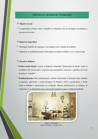 OFICINA 01: MUNDO DO TRABALHO
 Objetivo Geral
 Compreender a forma como o trabalho se relaciona com as atividades econômicas e
pessoais dos jovens.
Objetivos Específicos
 Distinguir trabalho de emprego e sua relação com o mundo do trabalho;
 Identificar as problematizações imbricadas na relação trabalho versus remuneração.
 Percurso didático:
Prática social inicial: realizar a dinâmica intitulada “Tempestade de Ideias” onde os
estudantes são convocados a exporem suas percepções, conceitos e opiniões em torno
da palavra “trabalho”.
Problematização: Para problematizar o debate relacionado à distinção entre trabalho
e emprego, apresentar o curta-metragem El Empleo (2011) considerando a forma
como o trabalho é apresentado na animação. Buscar problematizar as relações de
exploração e os sentimentos que a animação desperta no que se refere ao trabalho.
13
Figura 1: El Empleo
Fonte: El empleo, Youtube, 2011.
 