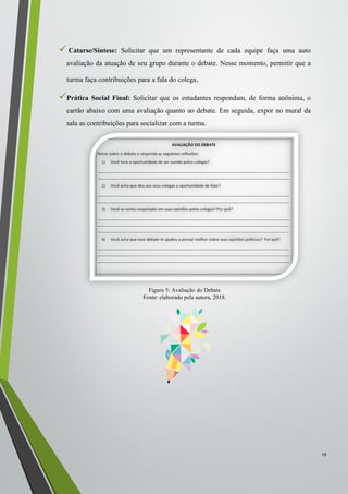  Catarse/Síntese: Solicitar que um representante de cada equipe faça uma auto
avaliação da atuação de seu grupo durante o debate. Nesse momento, permitir que a
turma faça contribuições para a fala do colega.
Prática Social Final: Solicitar que os estudantes respondam, de forma anônima, o
cartão abaixo com uma avaliação quanto ao debate. Em seguida, expor no mural da
sala as contribuições para socializar com a turma.
19
Figura 5: Avaliação do Debate
Fonte: elaborado pela autora, 2018.
 