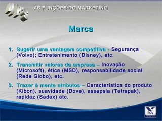AASS FFUUNNÇÇÕÕEESS DDOO MMAARRKKEETTIINNGG 
MMaarrccaa 
11.. SSuuggeerriirr uummaa vvaannttaaggeemm ccoommppeettiittiivvaa -- Segurança 
(Volvo); Entretenimento (Disney), etc. 
22.. TTrraannssmmiittiirr vvaalloorreess ddaa eemmpprreessaa –– Inovação 
(Microsoft), ética (MSD), responsabilidade social 
(Rede Globo), etc. 
33.. TTrraazzeerr àà mmeennttee aattrriibbuuttooss –– Característica do produto 
(Kibon), suavidade (Dove), assepsia (Tetrapak), 
rapidez (Sedex) etc. 
 