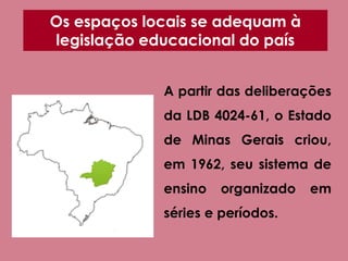 Os espaços locais se adequam à
legislação educacional do país
A partir das deliberações
da LDB 4024-61, o Estado
de Minas Gerais criou,
em 1962, seu sistema de
ensino organizado em
séries e períodos.
 